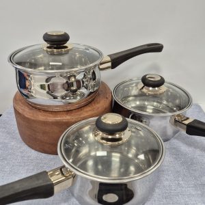 Set Of 3 Eurocook 18/10 Stainless Steel Pans With Glass Lids