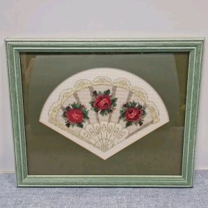 Completed And Framed Cross Stitch Fan With Roses