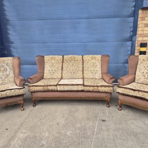 Vintage Wingback Sofa And Two Matching Wingback Chairs - Needs Reupholstering
