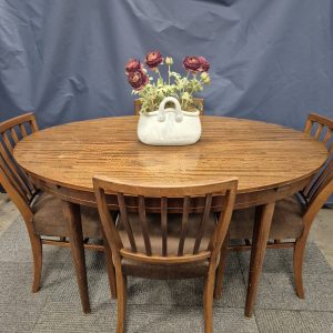 Mid-century Flame Walnut Extendible Oval Table and Chairs
