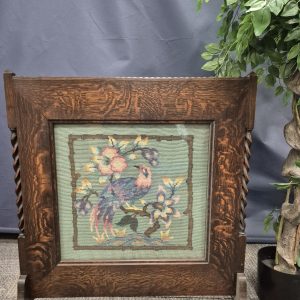 1920s English Oak Framed Fire Screen With Bird Tapestry Design