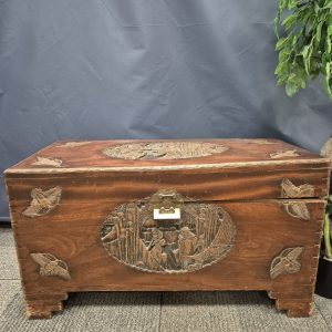 Large Carved Oriental Camphor Wooden Chest With Lock