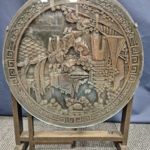 Antique Chinese Hardwood And Glass Carved Tilt Top Table