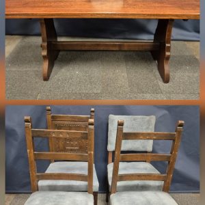 Antique Webber Solid Oak Truss Table And Blue Mismatched Chairs