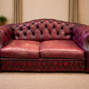 Chesterfield Style Ox Blood Red Leather Settee 2 Seater. Needs Cleaning & Repair