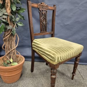 Edwardian Walnut Dining Chair With Green Stripe Seat