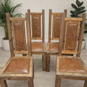 Set Of 4 Handcrafted Chunky Pine And Leather Rustic Chairs